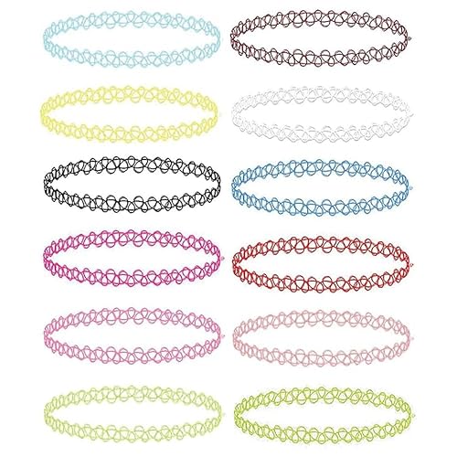 BodyJ4You 12PC Tattoo Choker Necklace - 90s Accessories 2000s Jewelry Y2K Fashion Vintage Trendy - Rainbow Goth Black Pink Green Blue White - Adjustable Stretchy Elastic Necklace Summer Vacation Set