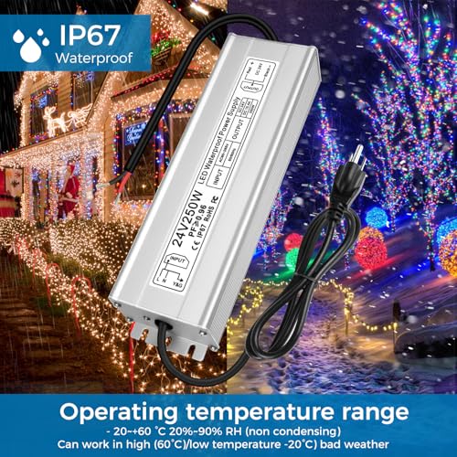 Image of LED Driver 250W 24V Power Supply, IP67 Waterproof Low Voltage Transformer, AC 80-265V to DC 24V 10.4A Converter with 3-Prong Plug 3.3 Feet Cable for Outdoor LED Lights, Industrial, Computer