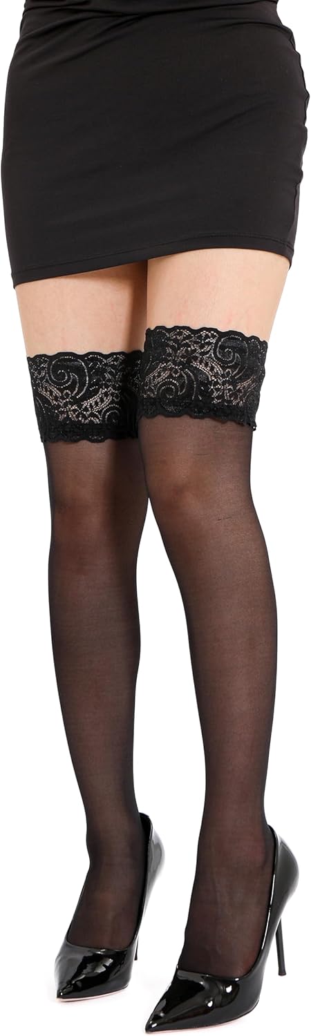 EVERSWE 2 Pairs Pack Women's Thigh High Silicone Lace Top Sheer Stocking - Image 2