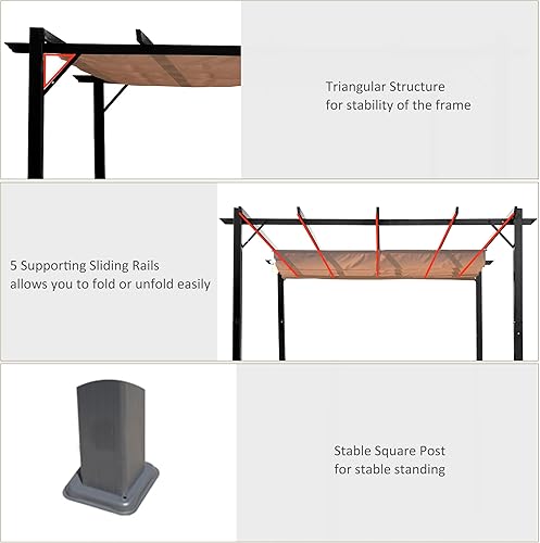 Miniatura 76 de Outsunny Pérgola de aluminio para patio de 10 x 13 pies con toldo retráctil para pérgola, refugio de sombra para porche, fiesta al aire libre, Marrón