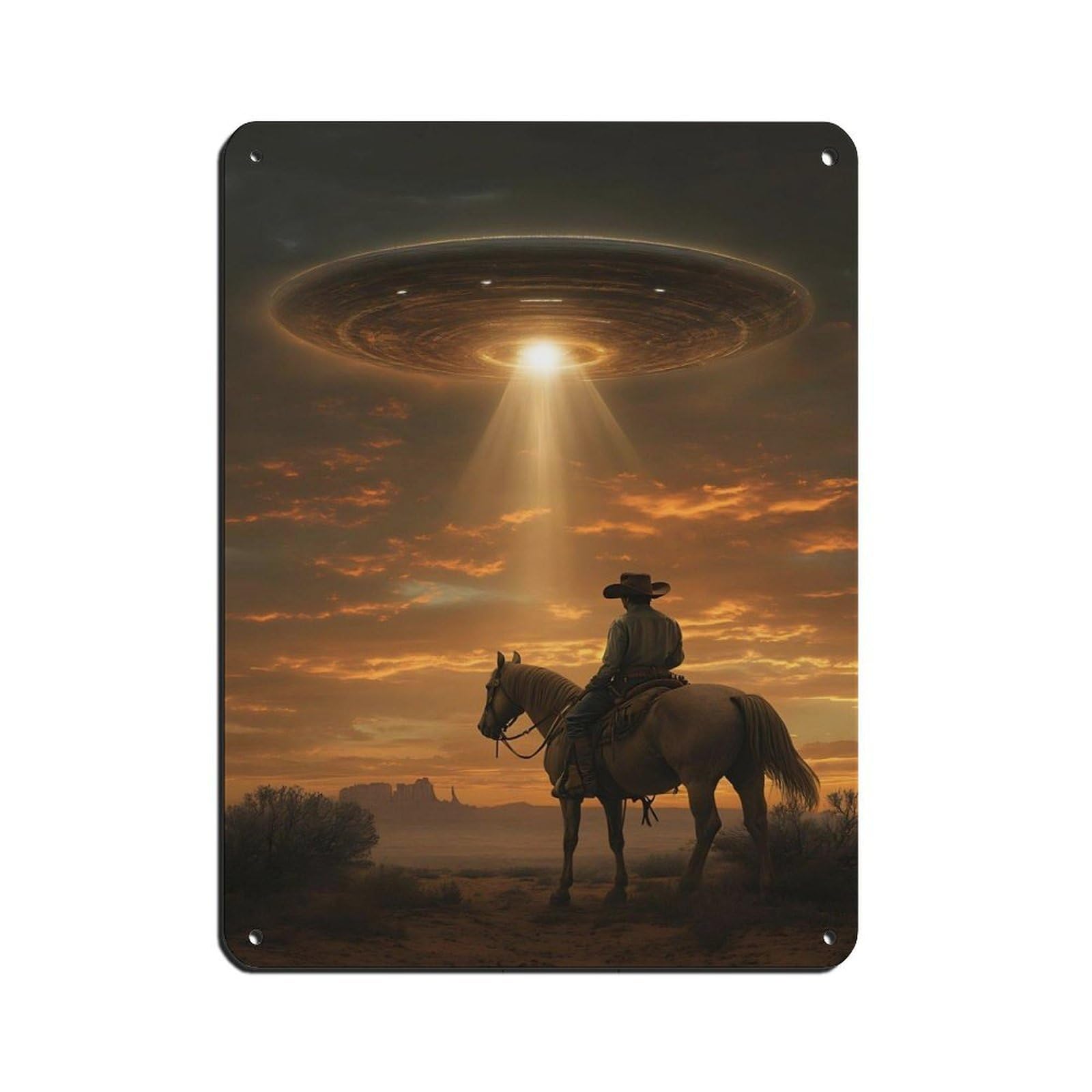 Lxwnze 30L X 40W Cm Alien Spaceship Cowboy Poster Retro Poster Metal Tin Sign Chic Art Retro Iron Painting Bar People Cave Cafe Family Garage Poster Wall Decoration 12X16inch(30X40cm)