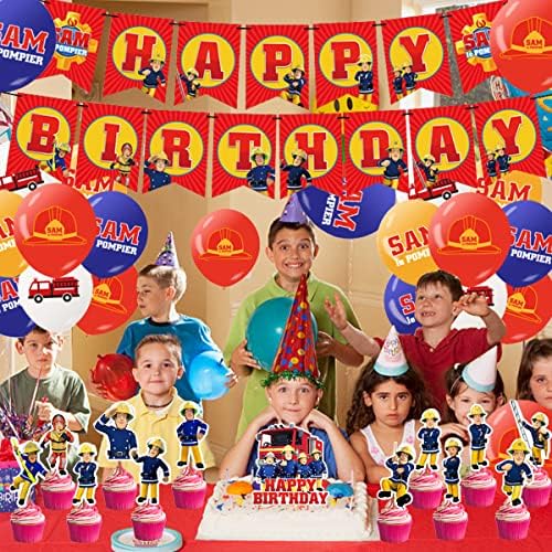 Fireman sam Party Supplies simyron Fireman sam Party Decoration Fireman sam Themed Birthday Decoration include Banner Cupcake Toppers Balloons Fireman Birthday Party Pack Set for Kids 30 piece
