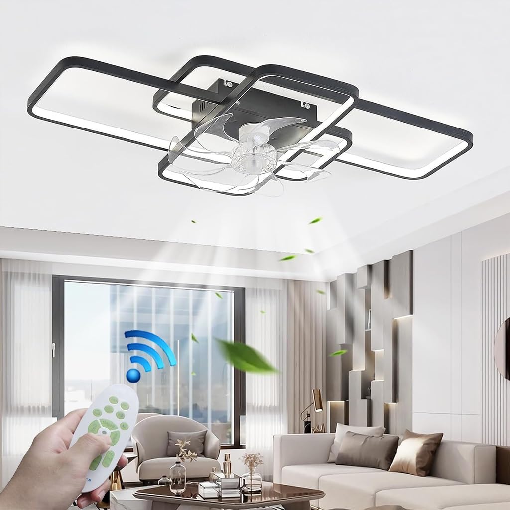 HXYSXHJUO Ceiling Light with Fan, LED Fan Remote Control and APP Quiet 80W Geometric Lighting Dimmable Lamp Timer for Bedroom Living Room Dining (