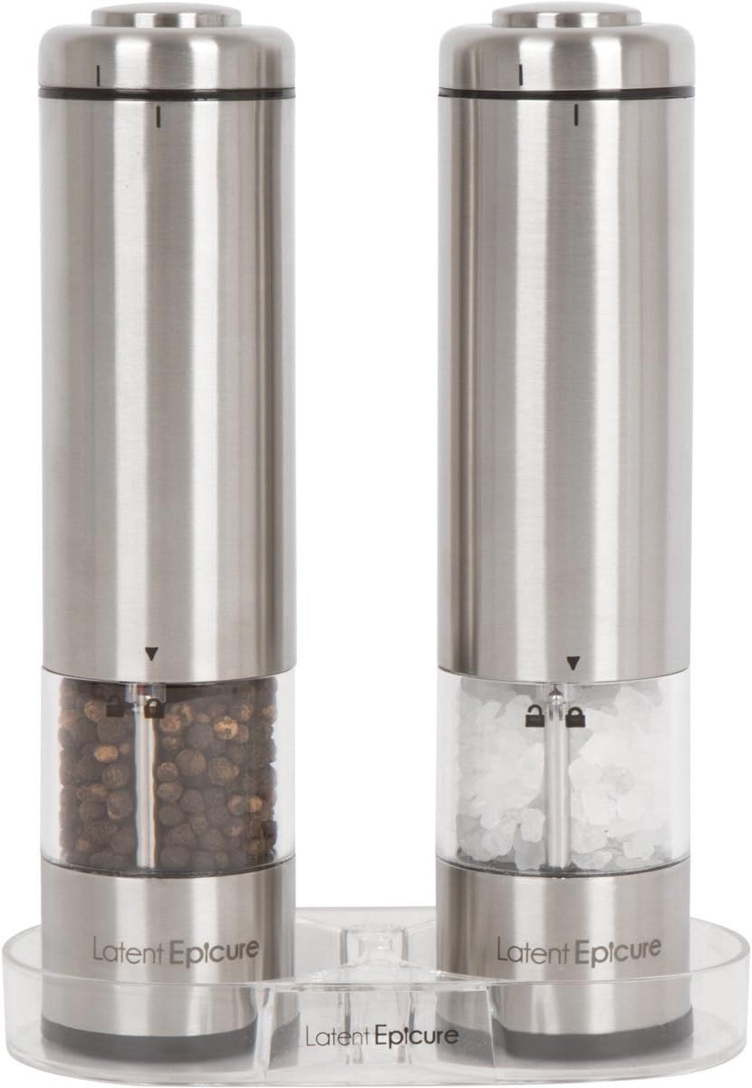 Electric Salt and Pepper Grinder Set (Pack of 2) - Battery Operated, Stainless Steel Shakers with Adjustable Fine & Coarseness, One Handed Operation, LED Light & Complimentary Mill Tray