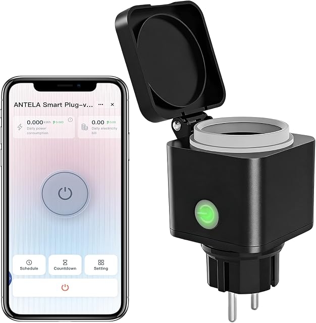 ANTELA Enchufe Inteligente WiFi Exterior IP54 con Monitor de Energía 16A