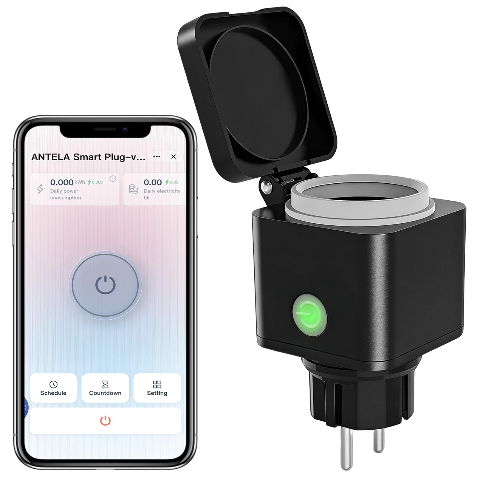 ANTELA Prise Connectée WiFi Extérieure IP54, Mesure de Consommation Électrique, Compatible avec Alexa, Google Home, Smart Life APP, 2.4GHz, 1 Pièce