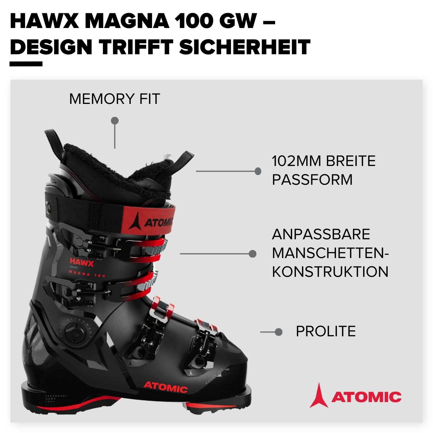 Atomic HAWX Magna 100 GW Skischuhe - Alpin-Skischuh für Erwachsene in Black/Red - 102mm breite Passform - Stabile Prolite Konstruktion - Memory Fit für präzisen Sitz