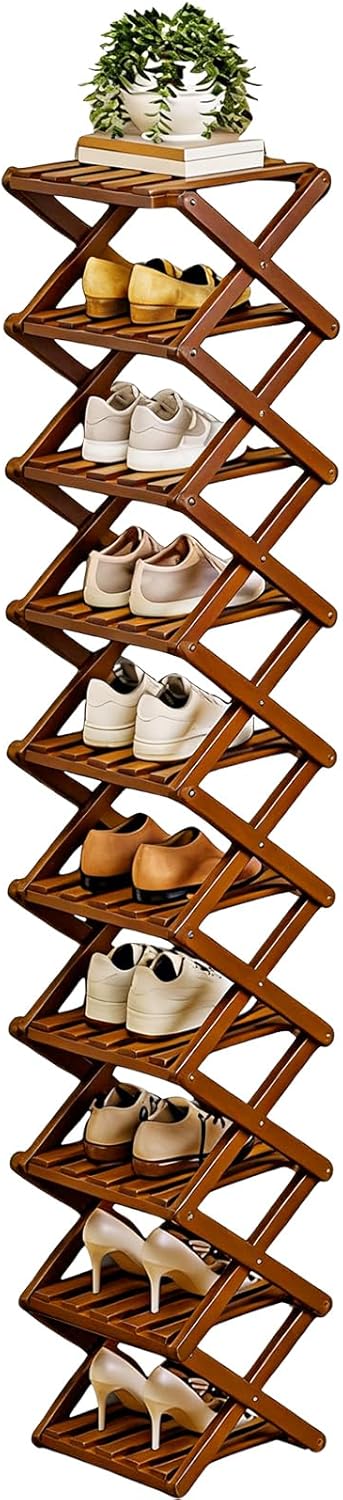 9/10 Tier Bamboos Shoe Rack | Foldable No-Assembly Bamboos Corner Shoe Rack | Multi-Layered Narrow Storage, Strong Load-Bearing Capacity, Space-Saving, for Indoor, Balcony, Entryway
