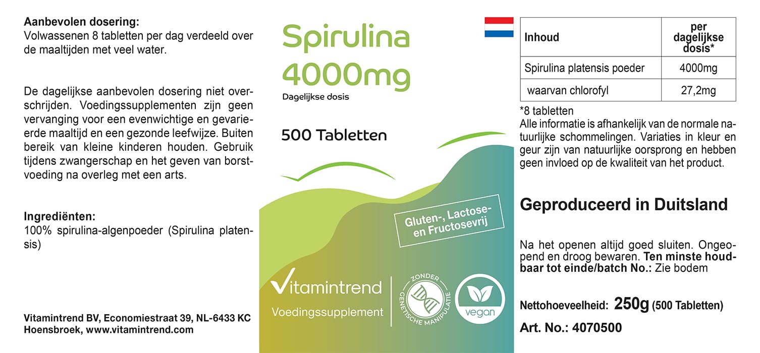Vitamintrend Spirulina 4000 mg per dose giornaliera, 500 compresse, 100% Spirulina platensis, integratore alimentare vegano senza magnesio stearato, prodotto in Germania