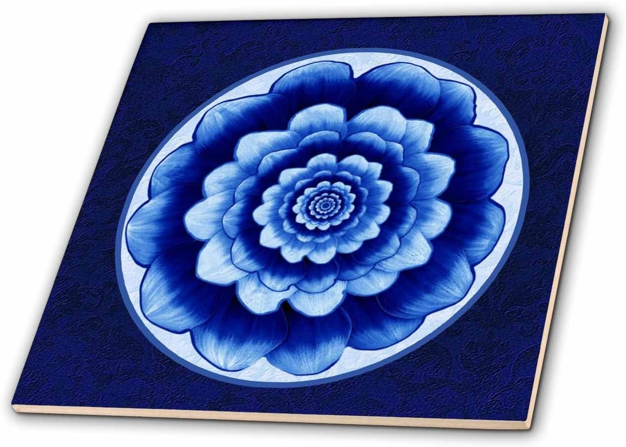 3dRose Jaclinart Pastel Blue and Cobalt Fantasy Mandala Flower on Royal Blue Background Tile