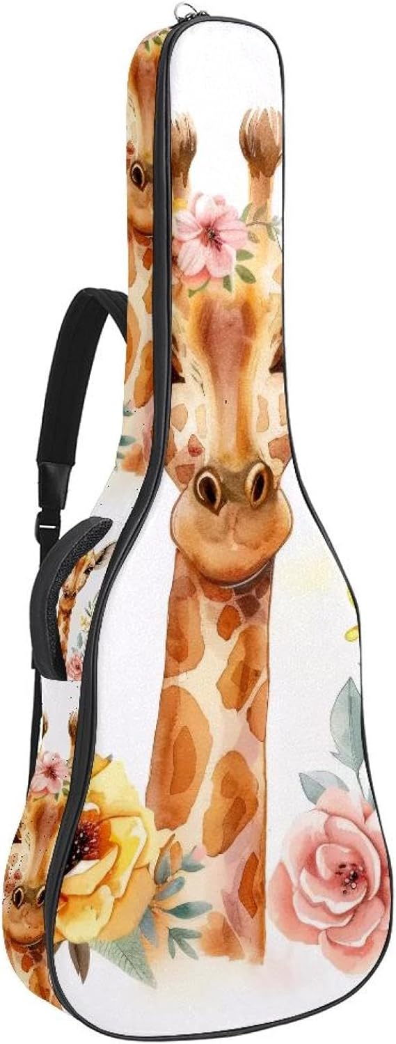 40 41 42 Inch Acoustic Guitar Bag, 0.4 In Thick Sponge Padded Guitar Case Gig Bag with Back Hanger Loop and 2 Pockets, Watercolor Giraffe with Flowers
