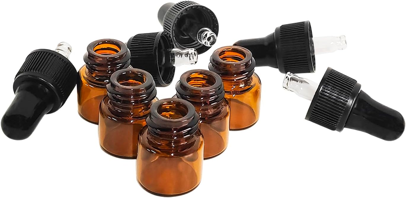 50pcs Amber Glass Mini Essential Oil Dropper Bottles with Glass Eye Dropper for Travel Sample Vials