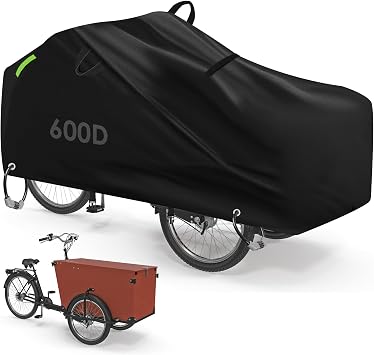 Cargo Bike Cover, 220x105x100cm, 600D PVC Waterproof Tricycle Bicycle Cover with Windproof Elastic Strap, 3 Buckle, 2 Handles, Reflective Strip, 2 Metal Keyhole, Cover for Front-Loading