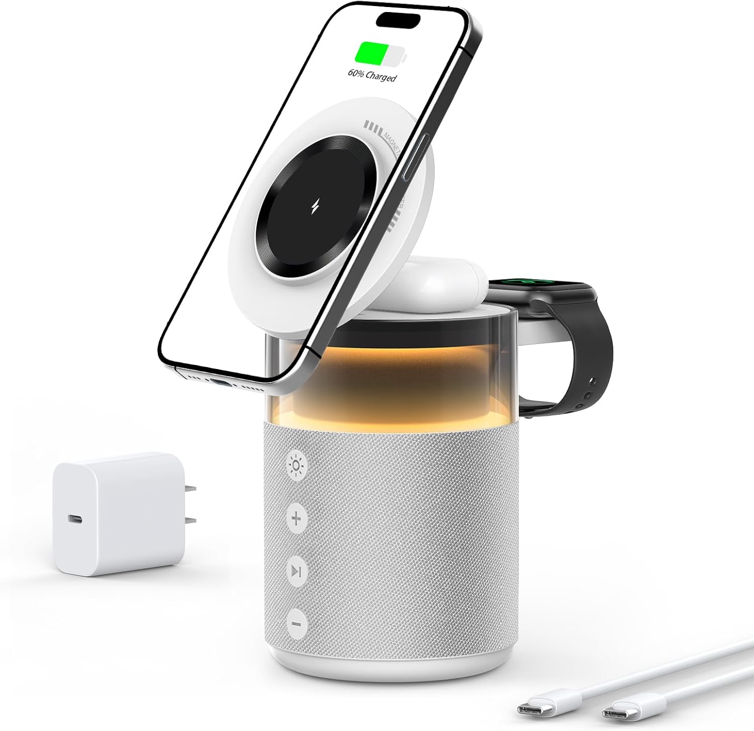 5-in-1 Wireless Charging Station with Bluetooth Speaker,Magnetic Charger with Night Light,Charger Stand with 33W Adapter Compatible with iWatch iPhone 17 16 15 14 13 12 Pro Max Wireless Earbuds White