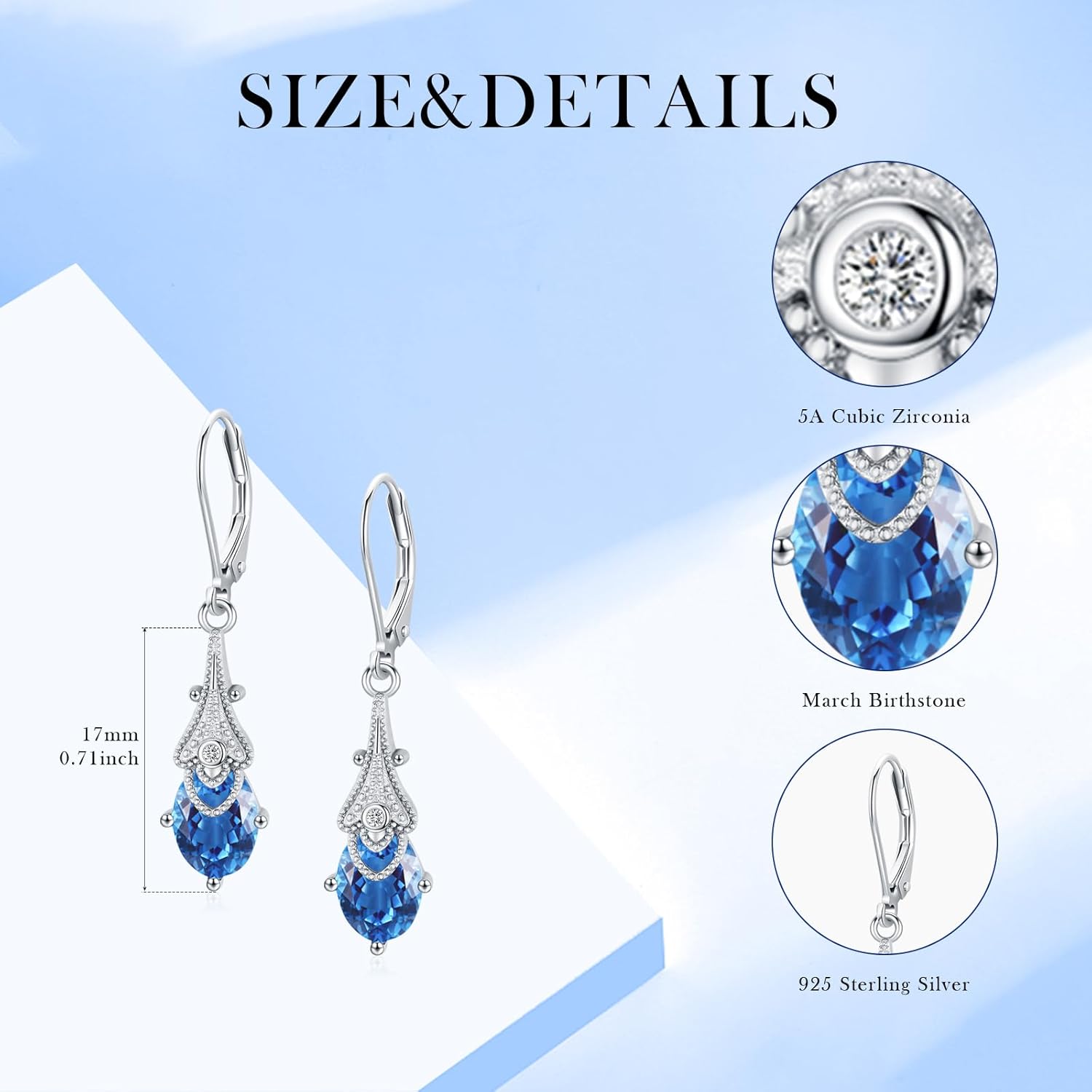 925 Sterling Silver Women Dangle Earrings, Birthstone/Birth Flower/Filigree/Turquoise Drop Leverback Trendy Teardrop Earring, Birthday Christmas Gifts for Her - Image 5