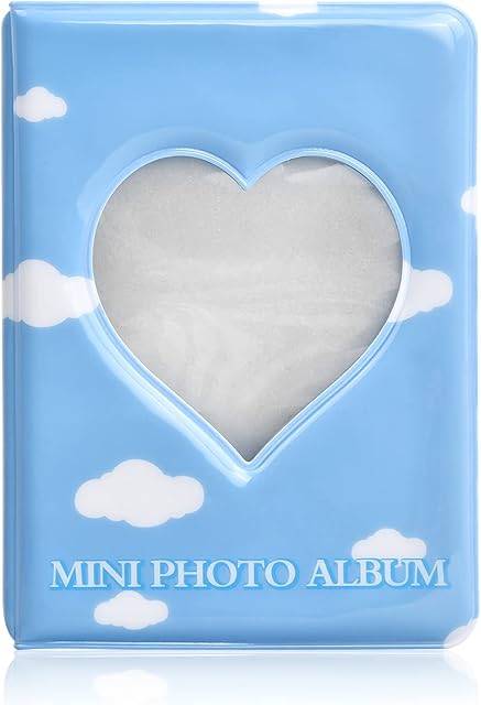 Tinsellns 3 Inch Mini Photo Album 20 Sheets 40 Pockets Kpop Photocard Holder 8x11x2.5cm Refillable Picture Collect Album Love Heart Hollow Photocard Holder Book for Photos Camera Picture Cards, Blue