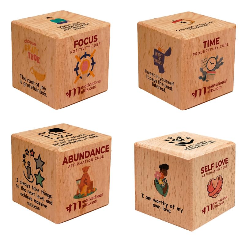 MOTIVATIONAL GIFTS Focus Time Abundance Self Love Inspirational Cube Pack of 4 Pcs Motivational Quotes Wooden Stylish Showpiece for Table Decor Office Home Decoration