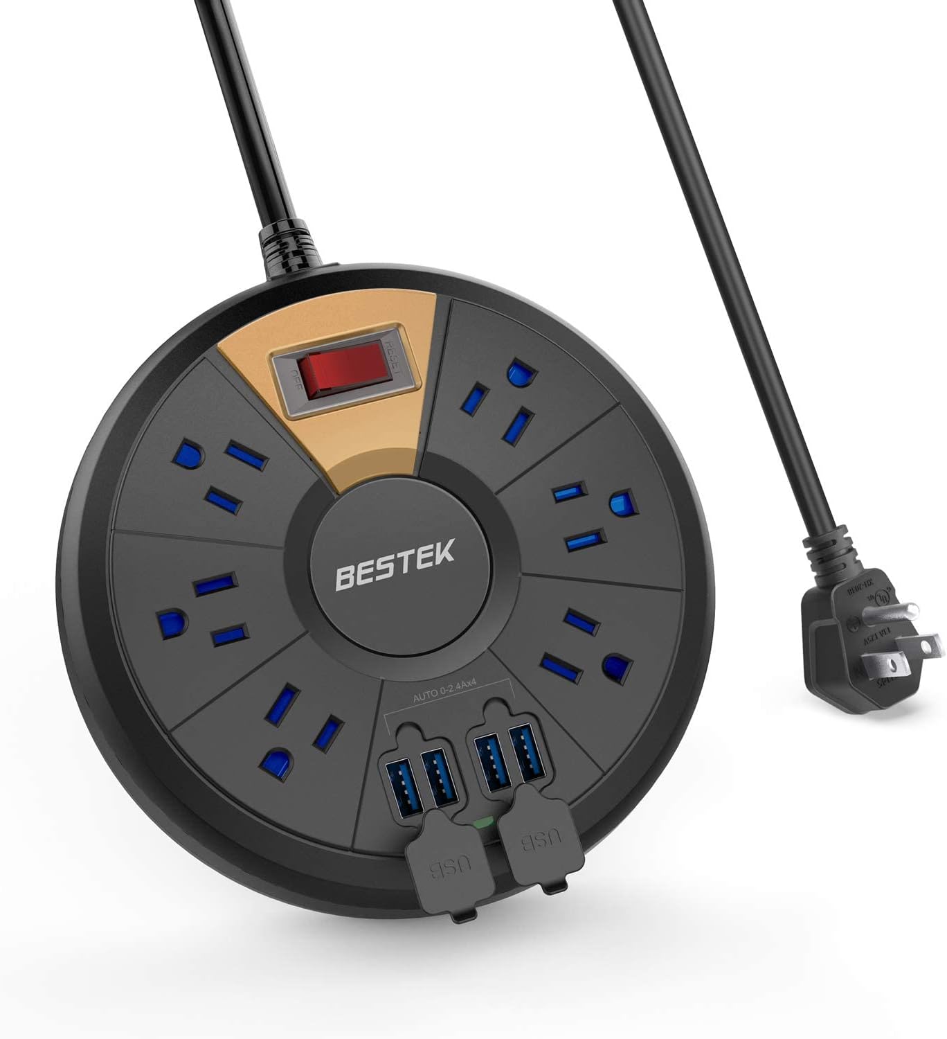 Travel Power Strip, BESTEK 6Ft Extension Cord with 4 USB Ports and 6-Outlet (13A 125V), Surge Protector Power Strip for Dorm Room, Bedside, 220J, Black