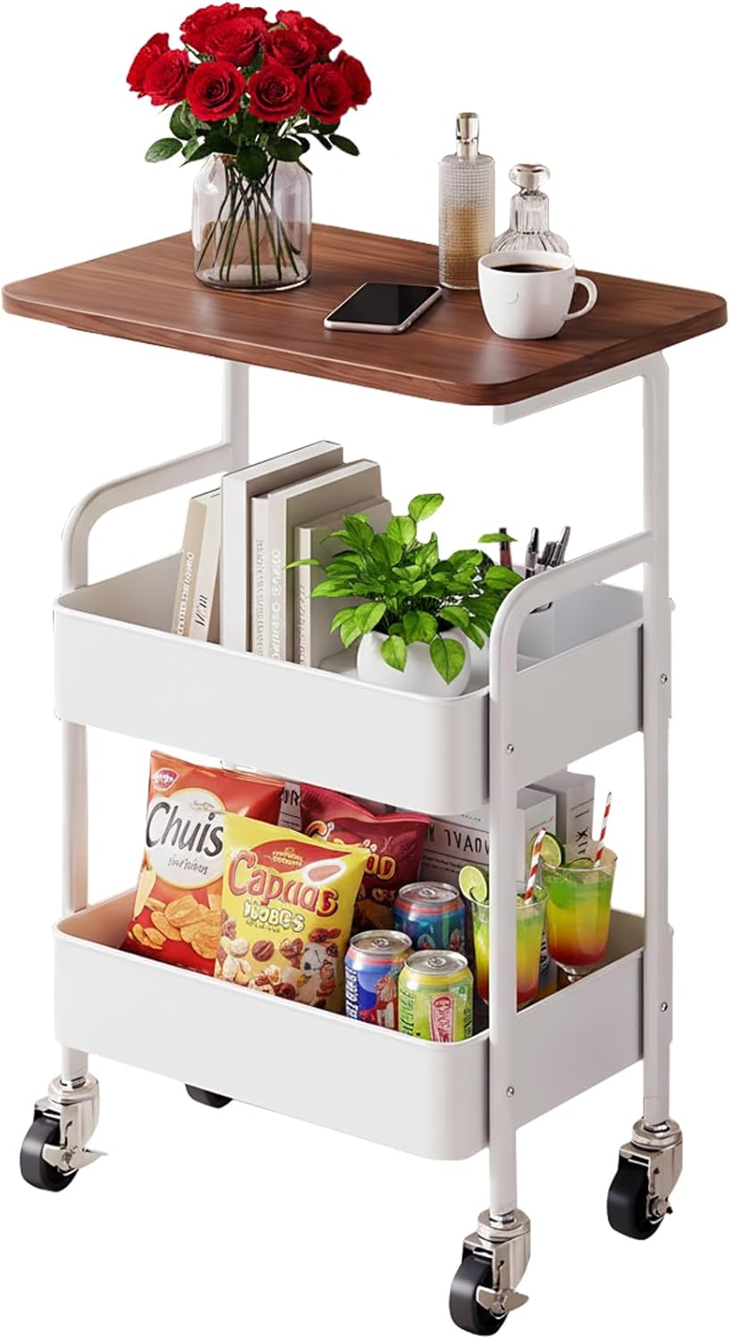 3-Tier Metal Utility Rolling Cart with Drawer & Wooden Table Top，with Fixed Wheel Locks,for Small Spaces Kitchen Storage，Office Bookshelves, Bedroom Racks, and Bathroom Storage