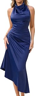 Satin Mock Neck Backless Midi Dresses Ruched Back Tie Elegant Wedding Guest Formal Cocktail Party Dresses
