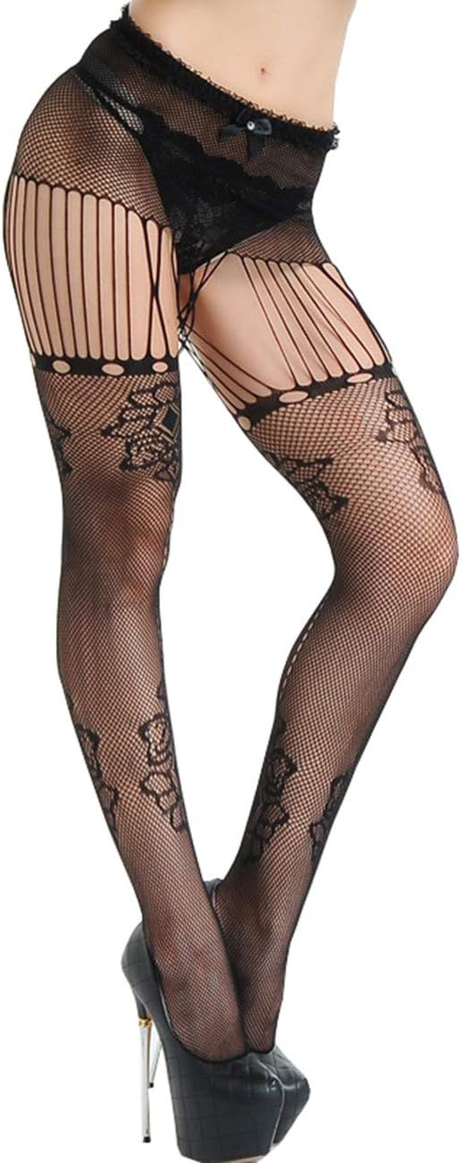 SKLV Womens Plus Size Sheer Black Tights Stockings Fishnet Garter Floral Pattern Queen's Lace Suspender Pantyhose(Black)