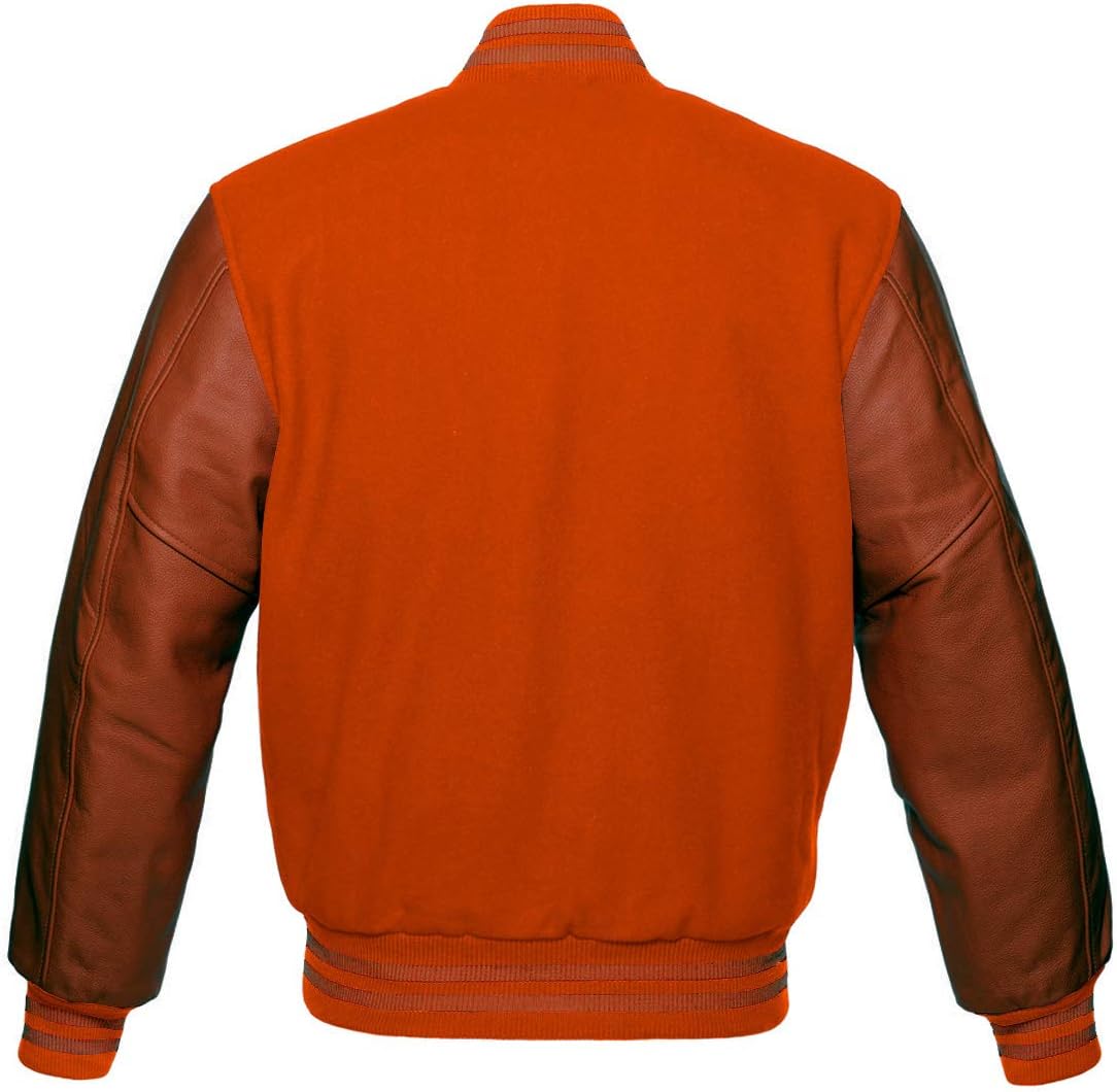 Men's Letterman Varsity Jacket – Orange Wool with Brown Leather Sleeves, Retro Bomber Style Jacket