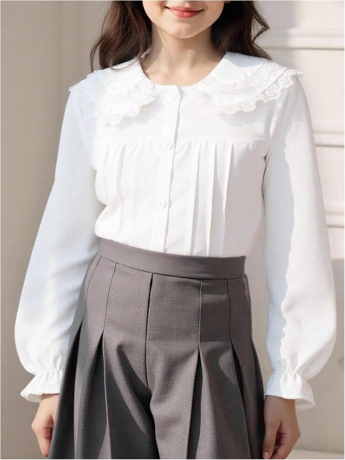 SHENHE Girl's Ruffle Doll Collar Lantern Sleeve Button Down Shirts Cute Kawaii Preppy Blouse - Image 2