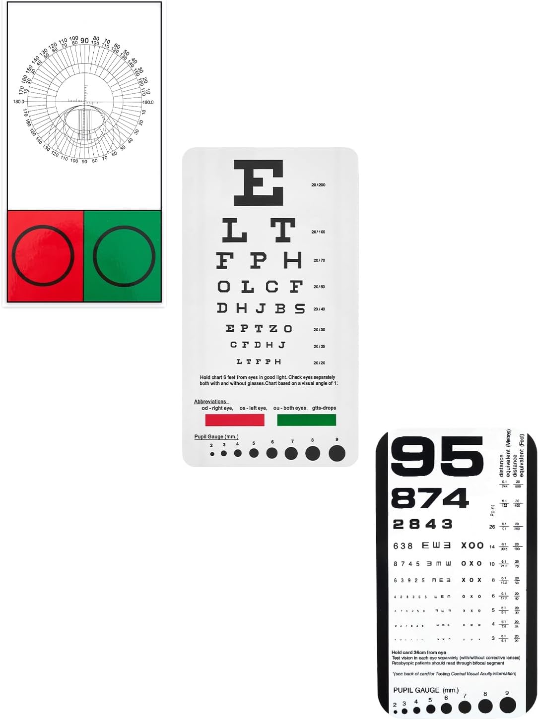 Snellen & Rosenbaum Pocket Eye Chart 3-Pack Set with Standard Logarithmic Chart 6ft Distance Vision Tester, 36cm Near Vision Card, Astigmatism & Color Test Portable Eye Screening Kit