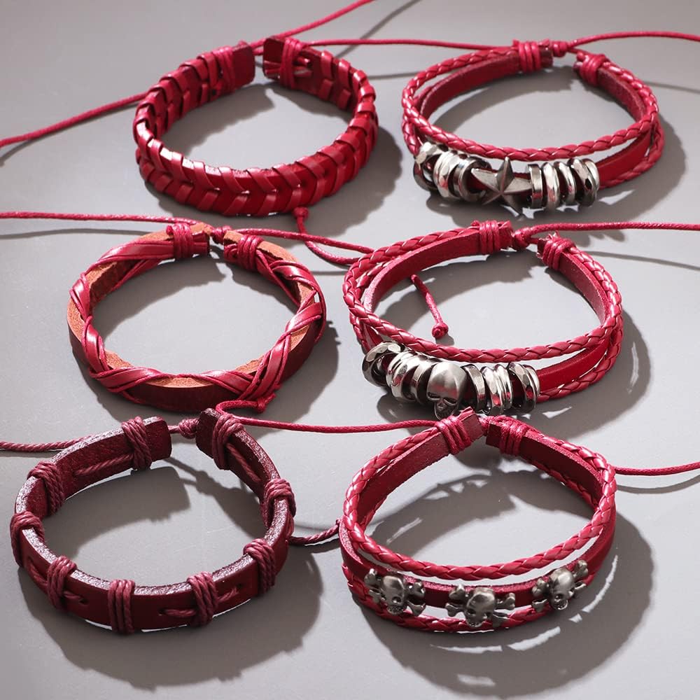 NIGHTCRUZ 6 Pcs Leather Braided Bracelet, Medieval Leather Cuff Wristband with Skull - Image 5