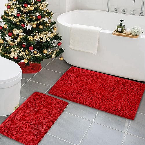 AINAHYVA Bathroom Rugs Chenille Bath mat 2 Piece Set, Super Absorbent, Strong PVC Non Slip Backing, Bath mats for Bathroom, Plush Shaggy, Thick, Machine Washable, Bathtub, Toilet.(Red)