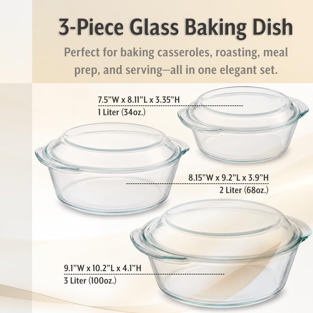 Le'raze Glass Casserole Dish Set - Oven & Microwave Safe -5 Le'raze Glass Casserole Dish Set - Oven & Microwave Safe -5