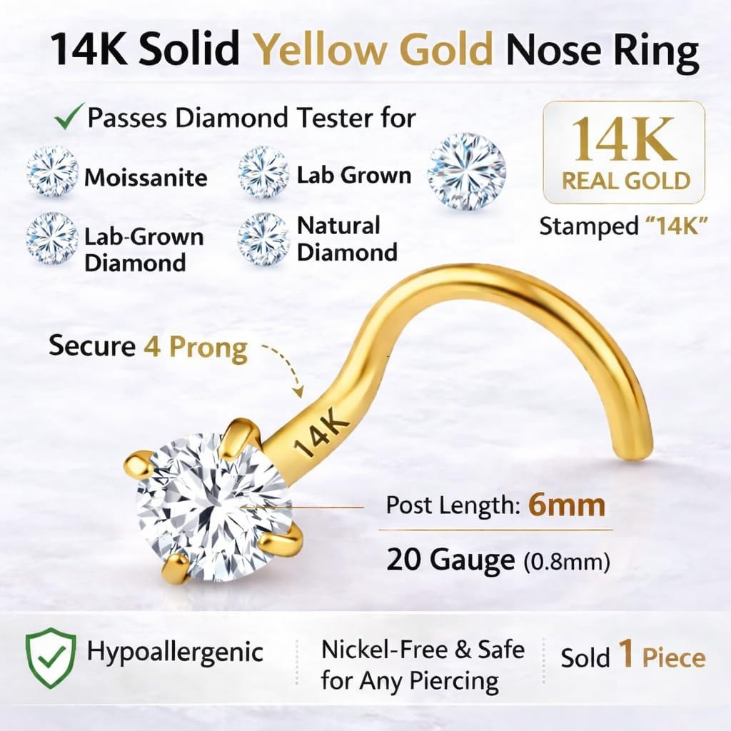 14K Solid Yellow Gold Twisted Screw Bar Nose Stud 20 GA Diamond Nose Stud Hypoallergenic Real Gold Made In USA.