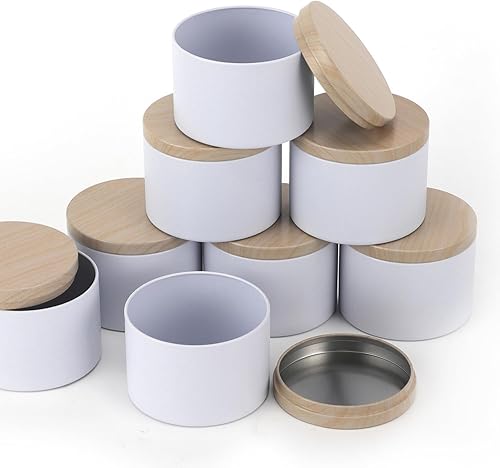 Miniatura 5 de NEXBEXES 24 latas de velas blancas de 4 onzas con tapas de impresión de grano de madera de metal. Tarros de velas, latas de velas a granel para