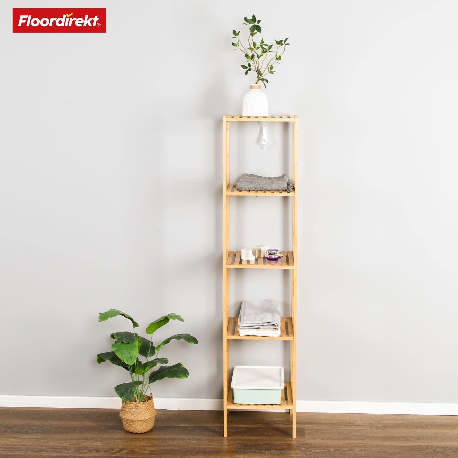 Floordirekt Bambus Regal, schmales Standregal für Badezimmer, Schlafzimmer, Wohnzimmer, Holzregal mit 3/5 Etagen, Regal Größe 34 x 33 x 146 cm (Lowa) (5 Etagen)
