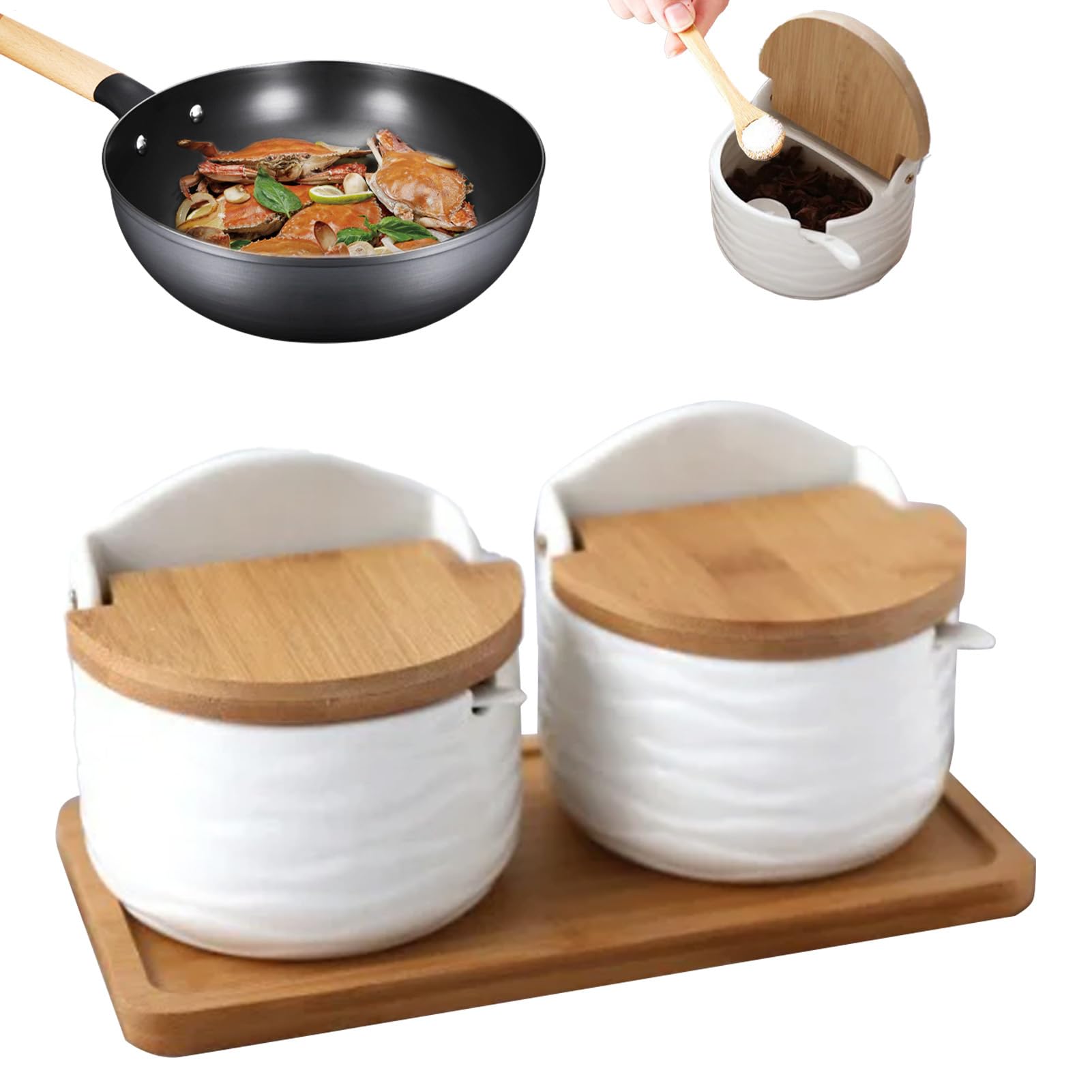 Per Sale Con Coperchio, Contenitore Per In Ceramica 2X Con Cucchiaio E Coperchio In Legno - Scatola Per Condimenti, Barattolo Per Condimenti Da Cucina, Porta Sale Per Bancone