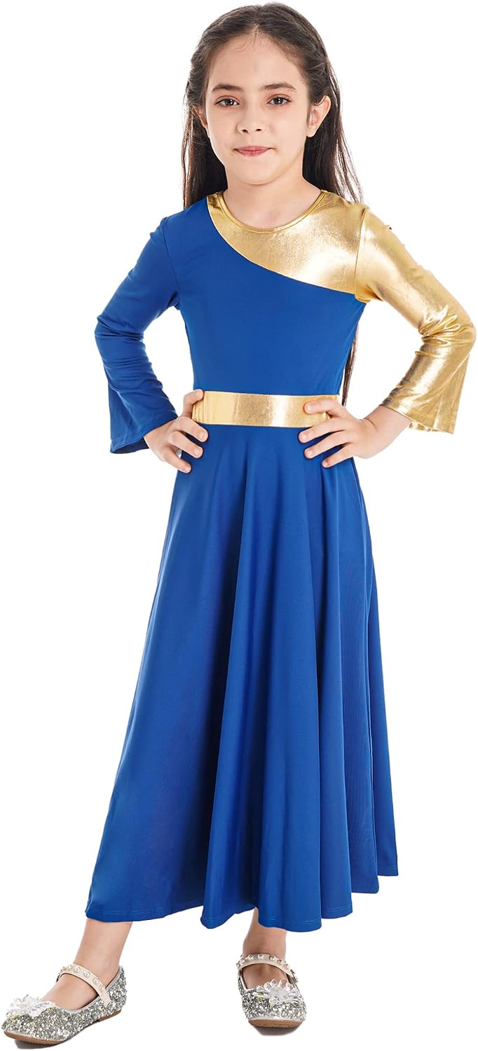 JanJean Girls Metallic Ballet Liturgical Praise Dance Dress Gold Long Sleeve Loose Full Length Worship Tunic Costume