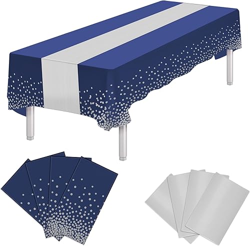 Paquete de 8 manteles rectangulares desechables y camino de mesa de satén, manteles de plástico azul y plateado para fiestas, fundas de mesa para