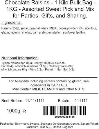 Chocolate Raisins - 1 Kilo Bulk Bag - 1KG - Assorted Sweet Pick and Mix for Parties, Gifts, and Sharing.