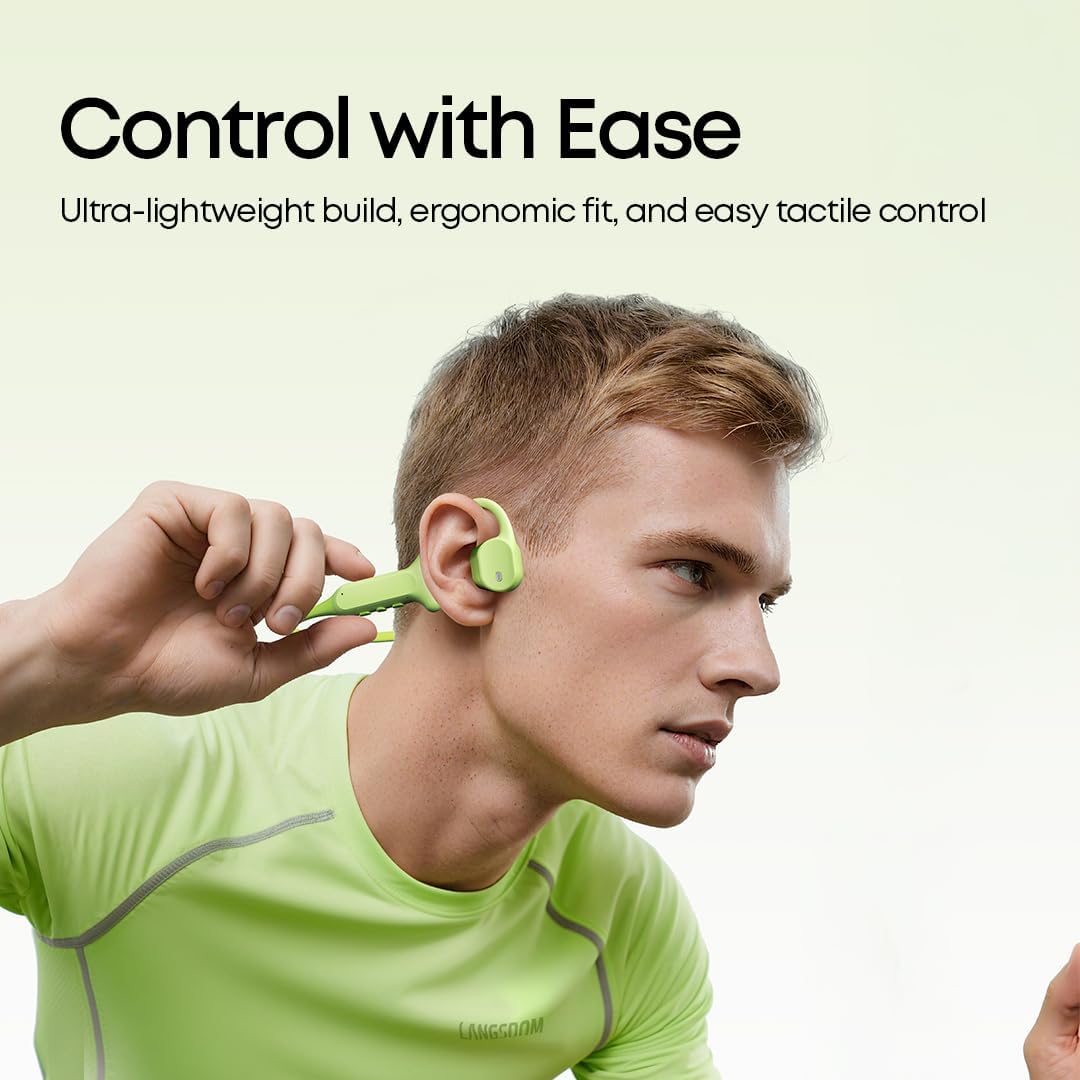 Langsdom AirWave Max Open-Ear Headphones for Running, IP67 Waterproof, 17H Playtime, App EQ Control, Lightweight Secure Fit (Avocado Green, XL)