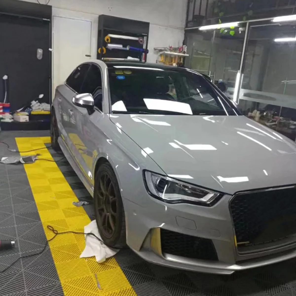 Gloss Metal Dark Grey Vinyl Car Wrap, Metallic Auto Car Sticker Decal Film Air Release Technology, Stretchable Protective Cap Liner, Self Adhesive, 11.81×59.84in