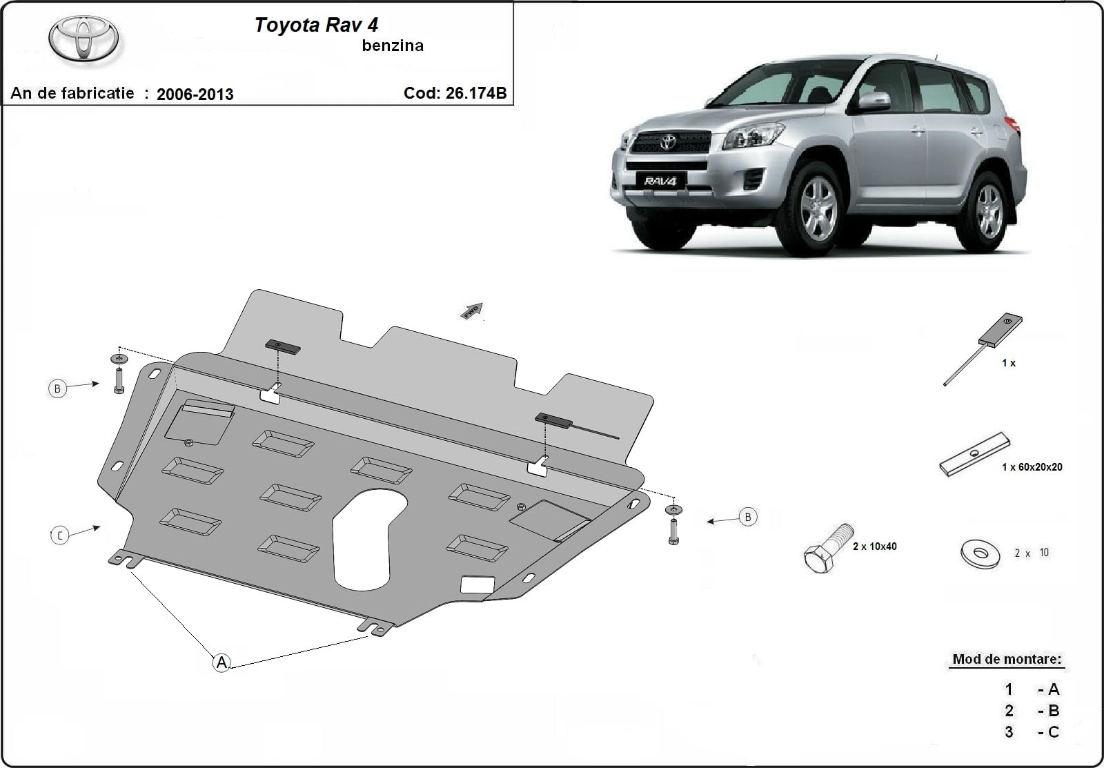 Protección bajo el motor compatible con Toyota RAV 4 Gasolina (2006-2013)