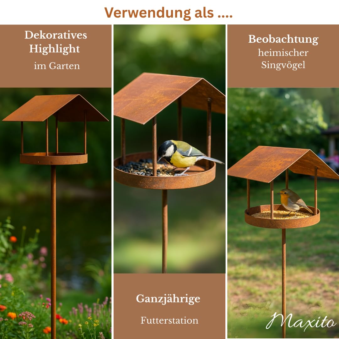 Maxito Vogelhaus mit Ständer wetterfest aus Metall und stabilem Stand 154 cm hoch als Gartendeko rost im Garten I Vogelhaus I Vogelfutterhaus I Gartendeko für draußen I Vogelhäuschen I Terrasse