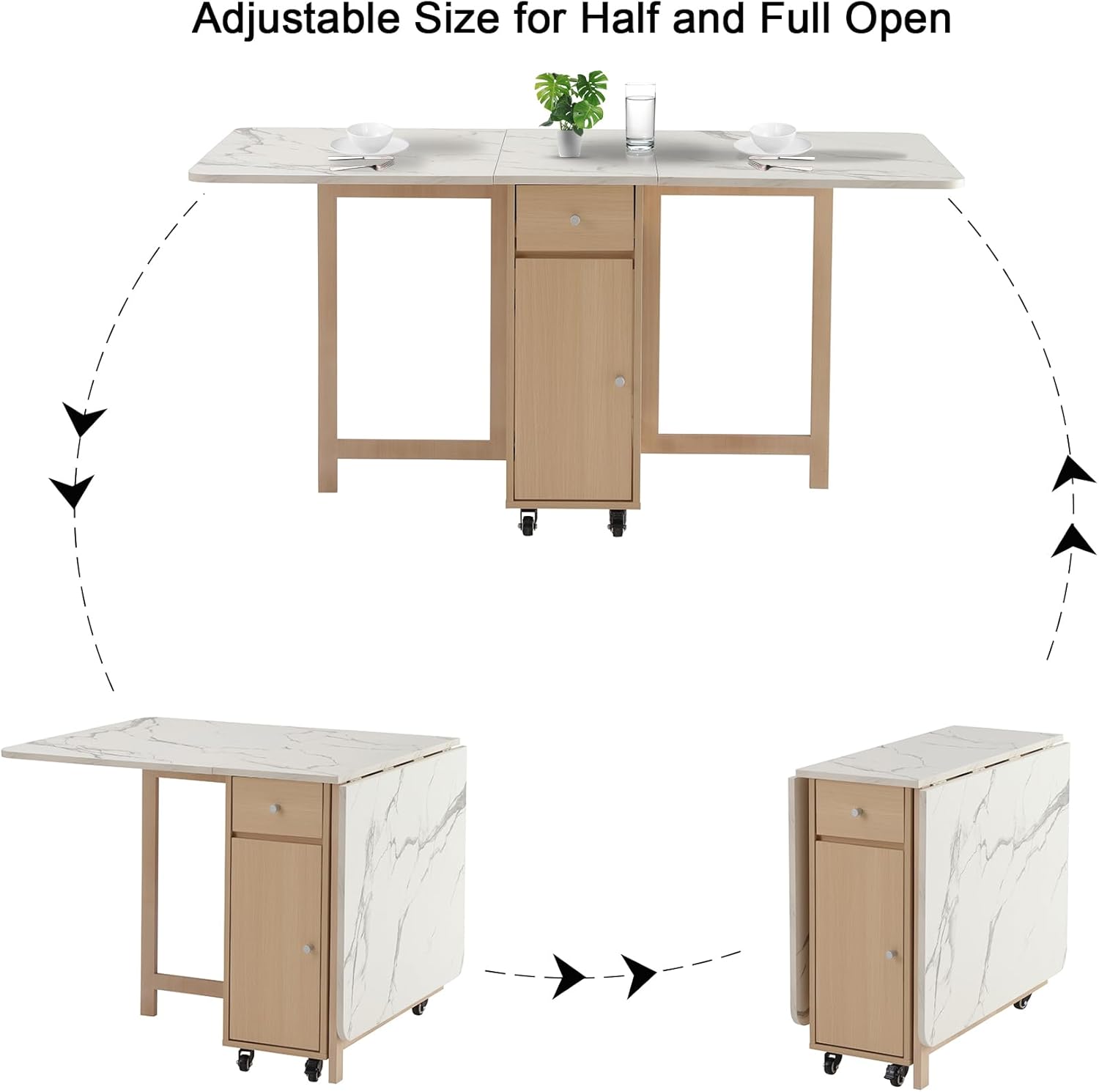 Drop Leaf Table Extendable, Foldable Kitchen Table Space Saving, Folding Dining Table with 2 Drawers and 4 Wheels, Dining Table for Living Room, Farmhouse， RV(Marble Wood)