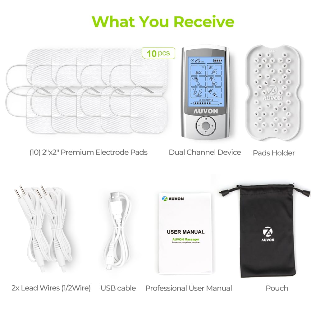 AUVON TENS electrostimulation appareil, un stimulateur musculaire anti-douleur rechargeable, avec 24 programmes d'entraînement, 2 canaux et 10 électrodes brevetées de haute qualité de 2" x 2"