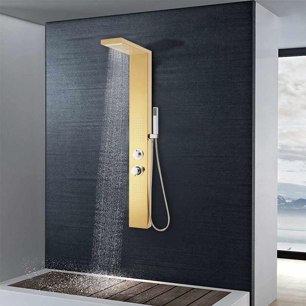 Duschpaneel-System Edelstahl 201 Golden mit Regenfall, Wasserfall, Massagefunktion und Handbrause, 130 cm Höhe, Kalkschutz Silikondüsen, Flexibler 150 cm Schlauch, Bad und Dusche Zubehör