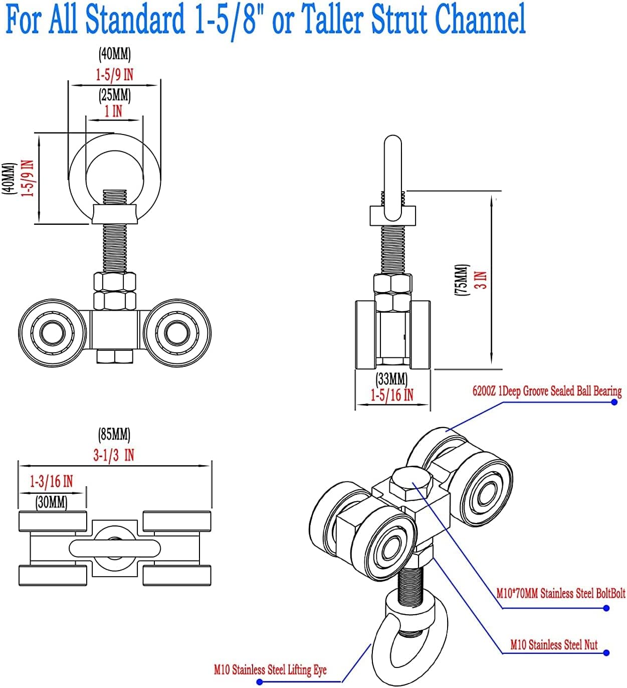 SKTREX 4 Wheel Silent Trolley Assembly Rollers Four Bearing Trolley Assembly for 1-5/8" Wide and All 1-5/8" or Taller unistrut Strut Channel with M10 Bolt and Lifting Eye Nuts