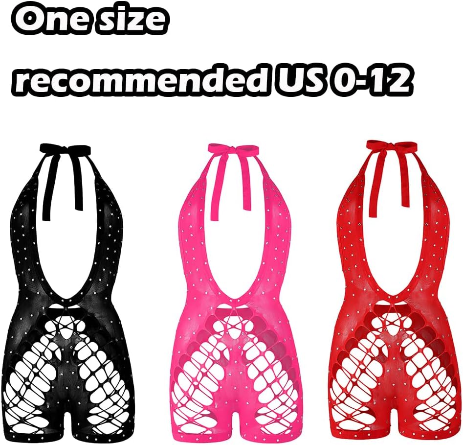 SIQITECHNO Women Sparkle Rhinestone Lingerie Fishnet Bodysuit Sexy See Through Body Suit Cross Neck Mesh Top Rave Outfits - Image 2