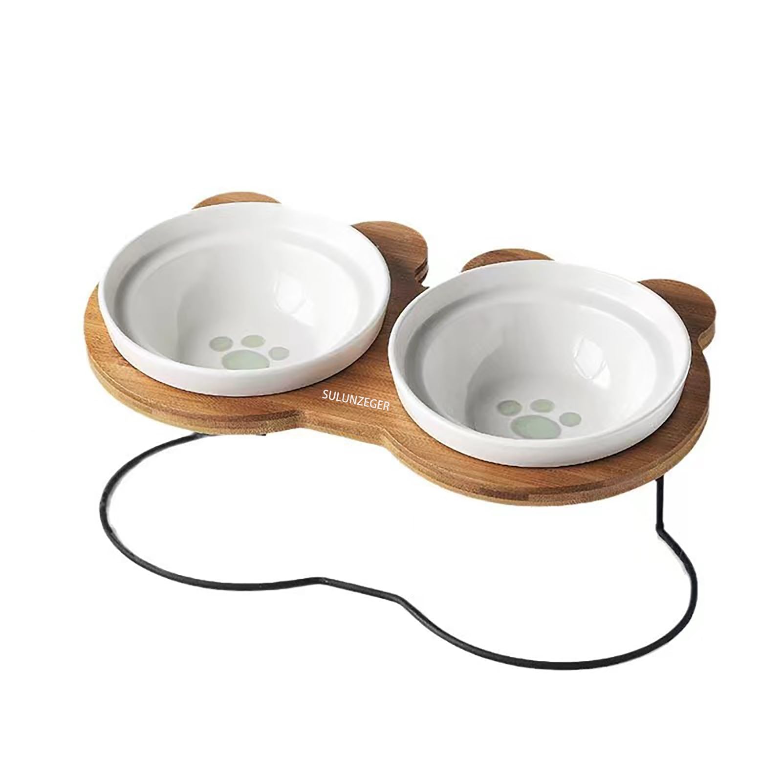 Cat Bowl, Ceramic Cat Food Bowls with Bamboo Stand, Elevated Steel Feeder and Water Dispenser for Cats and Dog, 10° Tilted Raised Feeding Dishes for Puppy, Pet Petkit (Double Bowl)