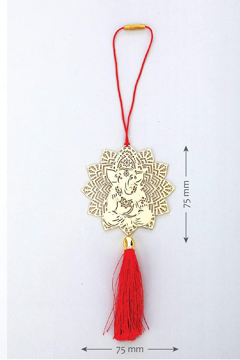 Adoraa Lotus Ganesha Car Rear View Mirror Décor in brass, Ganesh Ji Rear View Mirror Car Hanging Ornament/Car Pendant/Amulet for car, Perfect Car Charm/Accessories