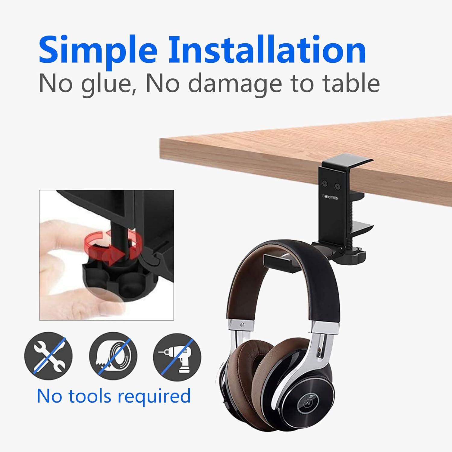 Aluminum Headphone Stand Hanger Foldable with Cable Clip Headset Holder Clamp Hook Under Desk, Save Your Space While Working & Gaming - Image 2